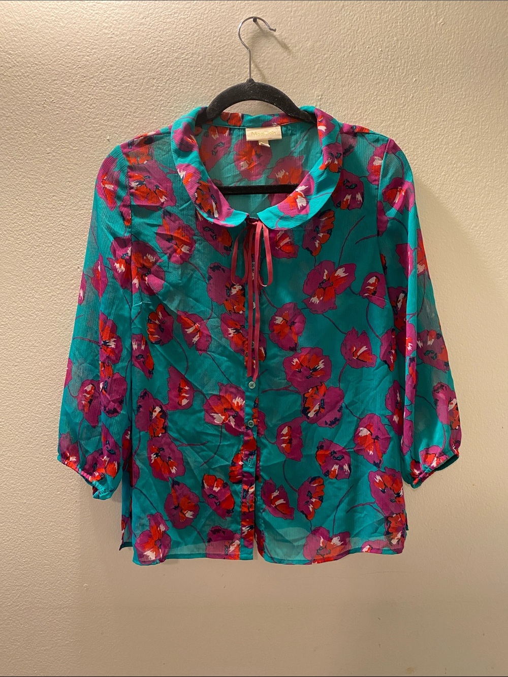 Women's Teal Floral Tie-Neck Blouse
